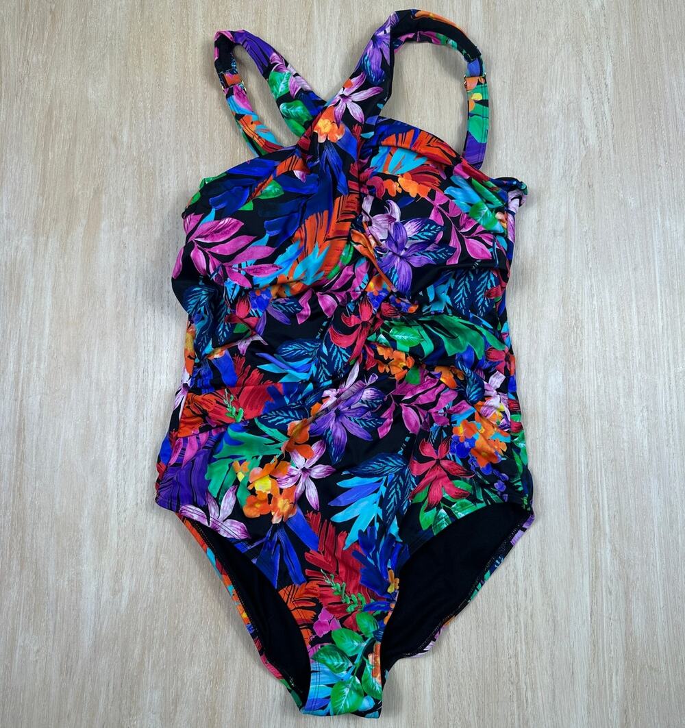Swimsuits For All One Piece Swimsuit Tropical Floral Black 14 Tummy Control
